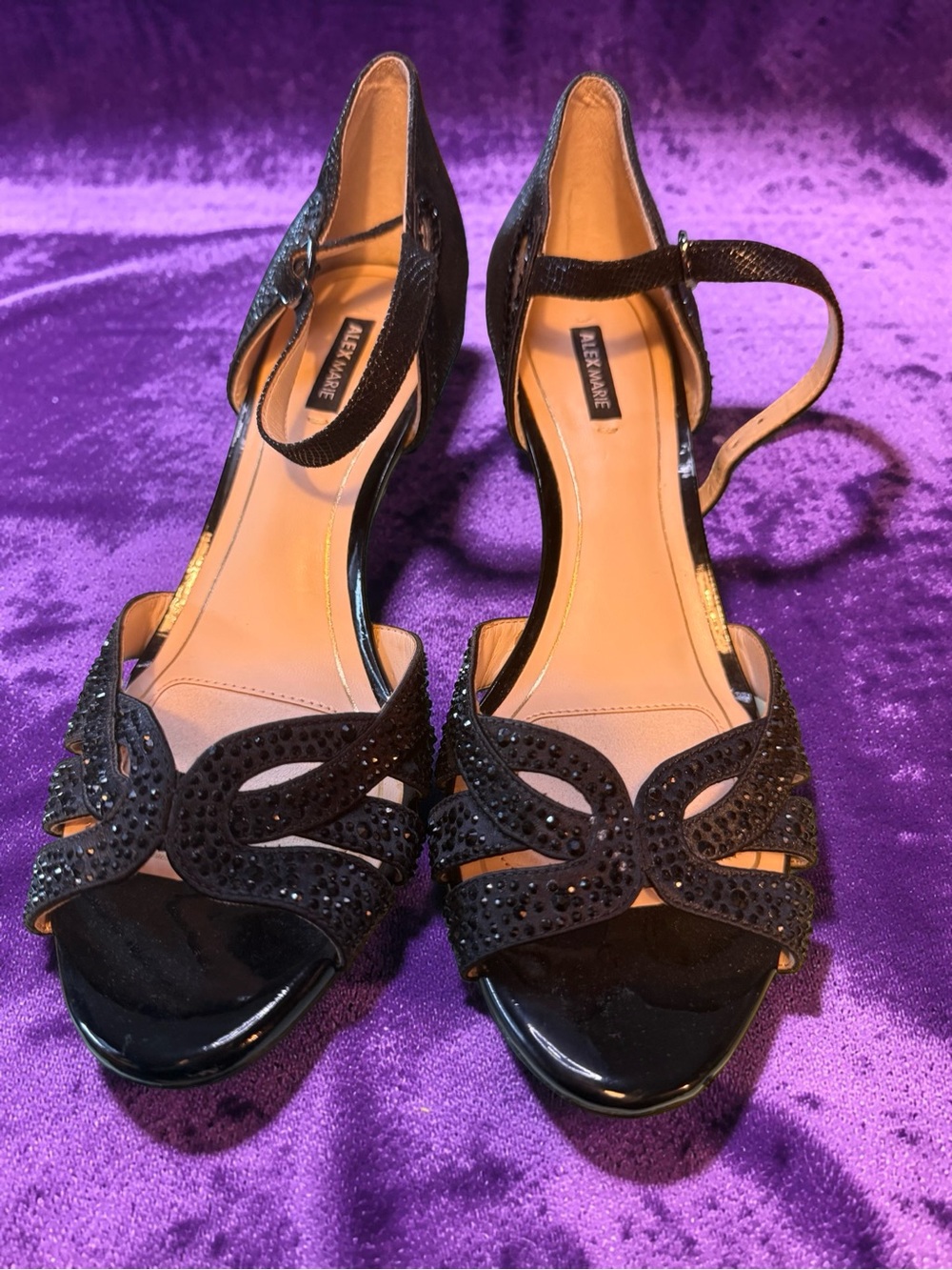Alex Marie Black Open-Toe Rhinestone Strap Heels